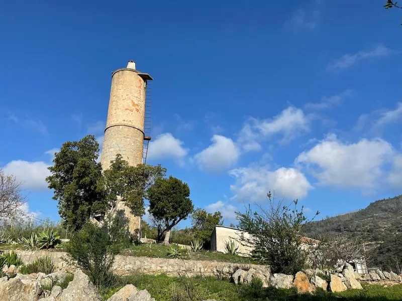 The old water tower at Quinta do Medronhal, surrounded by trees, with the Monchique hills behind it